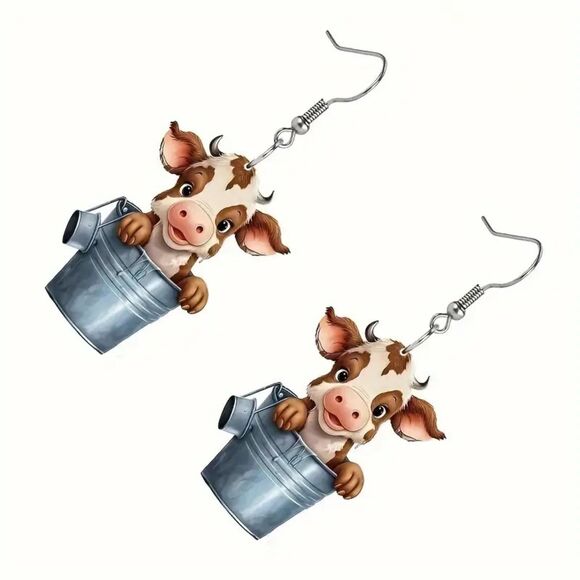 New Acrylic Cow in a Bucket Earrings, 1 pair - Picture 3 of 6